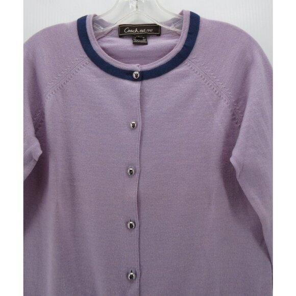 Coach Sweater Large Purple Merino Wool Cardigan Silver Buttons - Picture 2 of 10